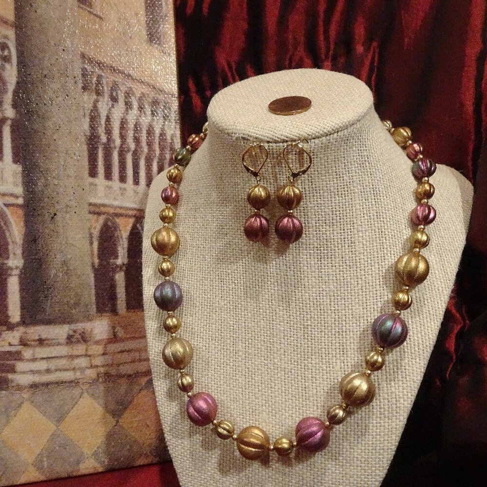 Handcrafted artisanal necklace & earring set made with Czech melon beads